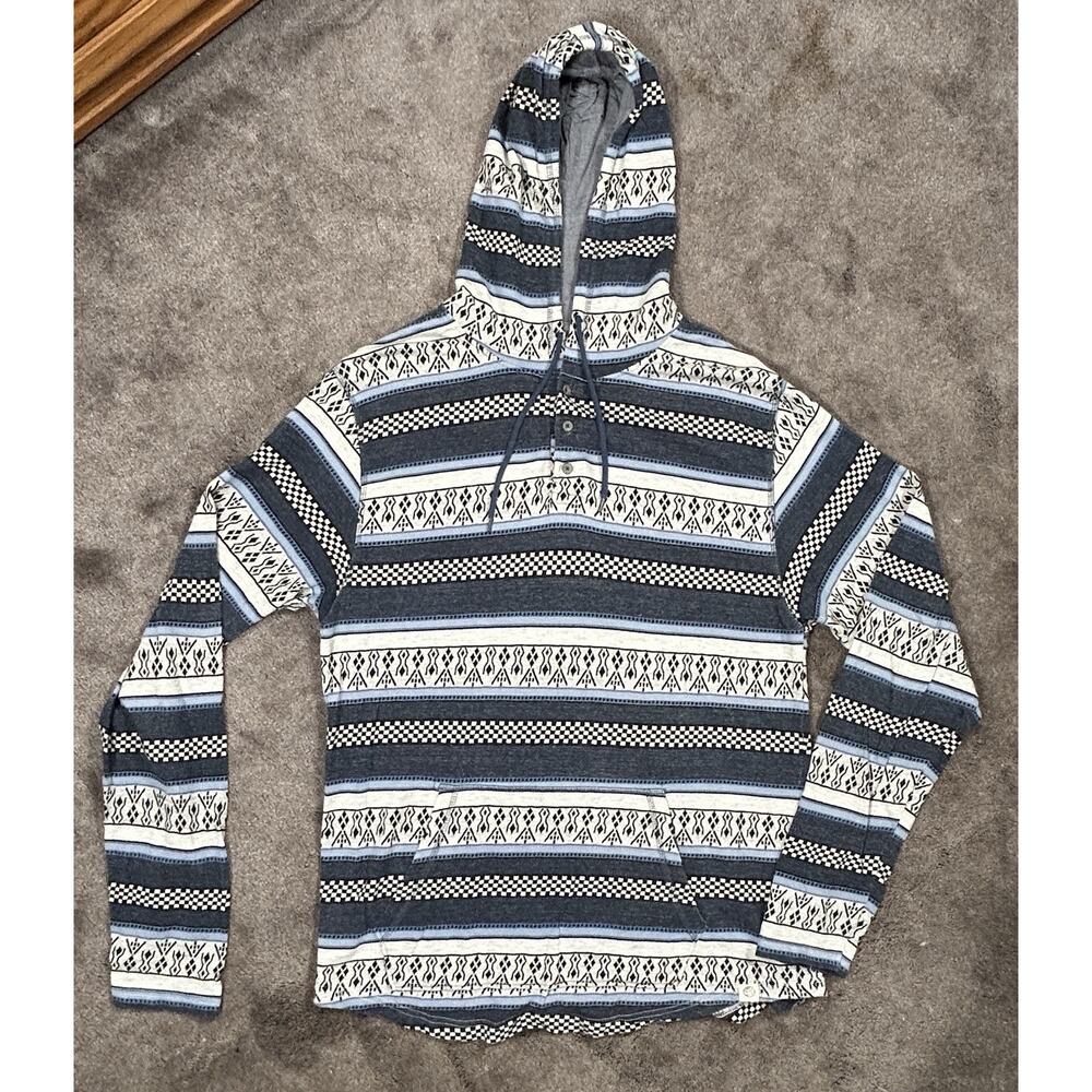 Free Planet Men XL Woven Hooded Pullover Front Pouch Bold Southwest Pattern Shir